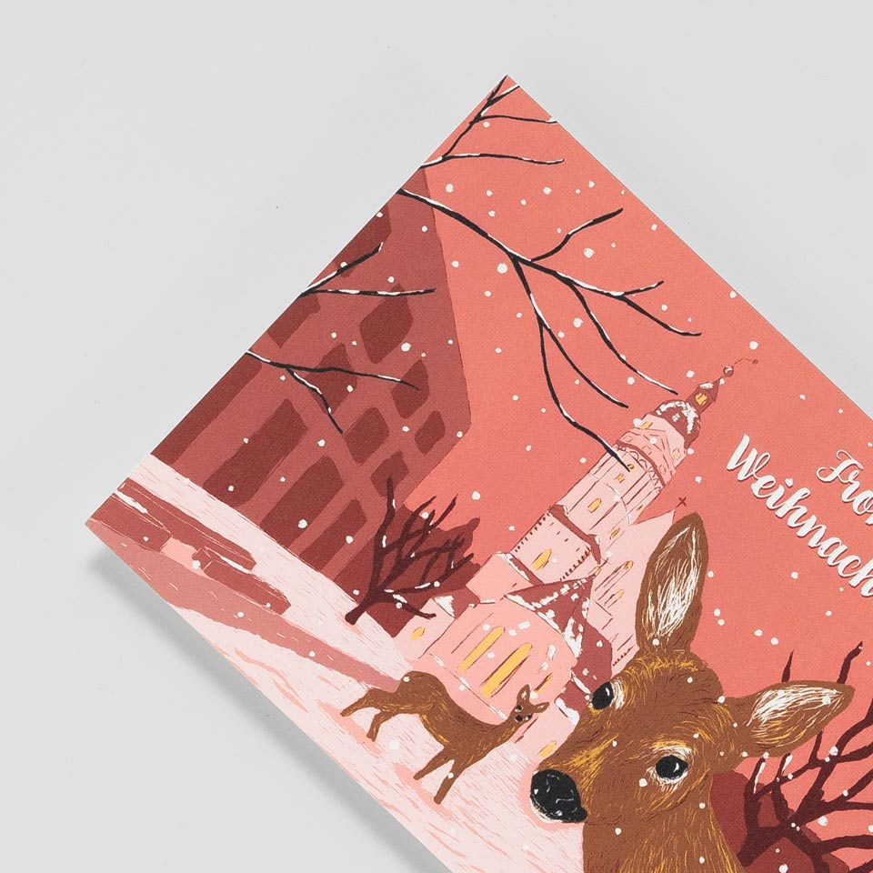 Weihnachtspostkarte Rehe vor der Thomaskirche