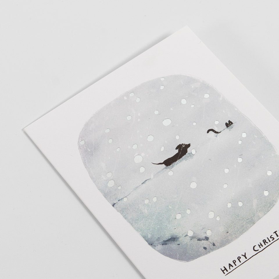 Weihnachtskarte Hund und Katze im Schnee