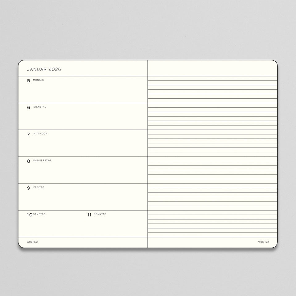 Wochenkalender und Notizbuch 2026 liniert / Hardcover