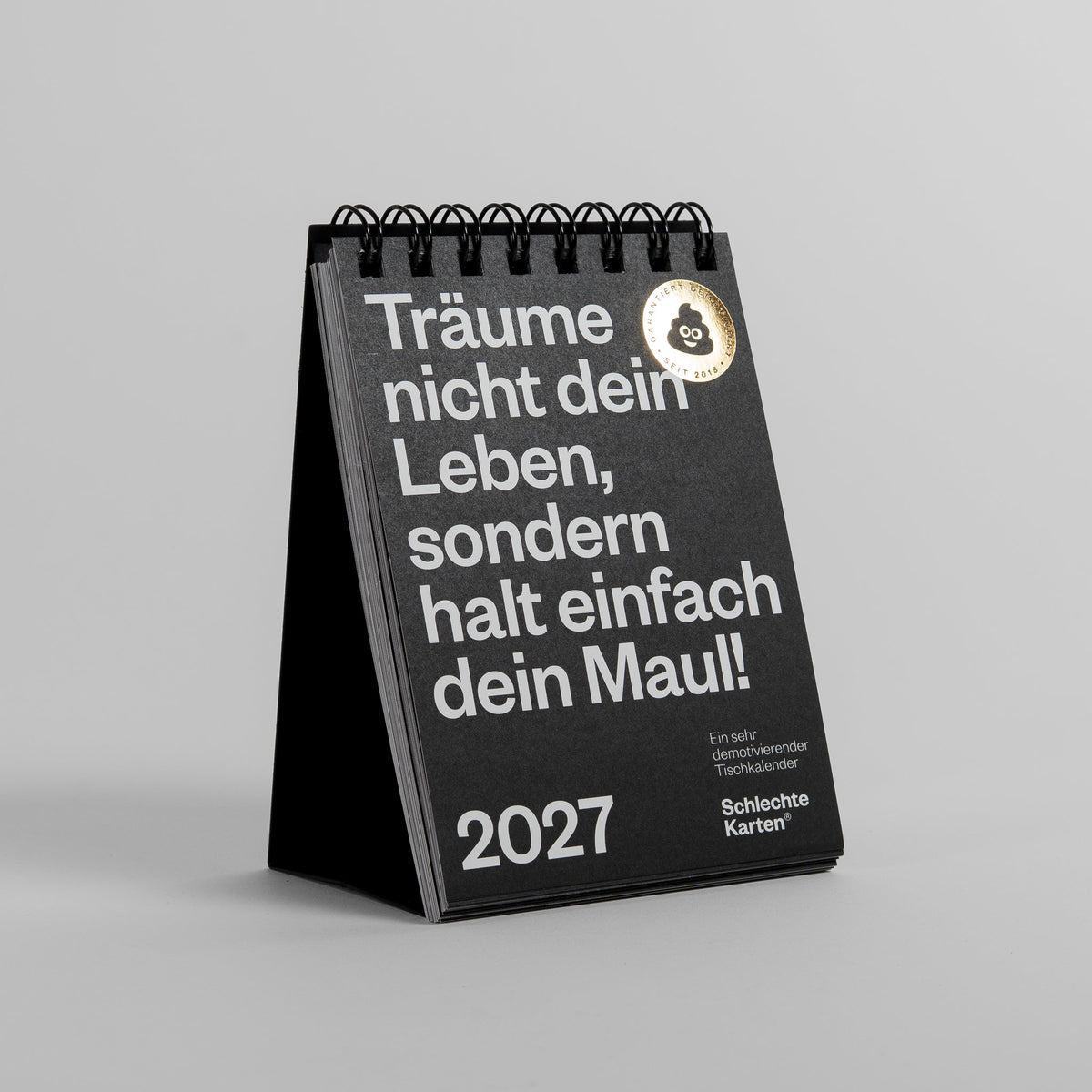 Schlechte Karten Tischkalender 2027, Titelseite mit Spruch „Halt dein Maul“